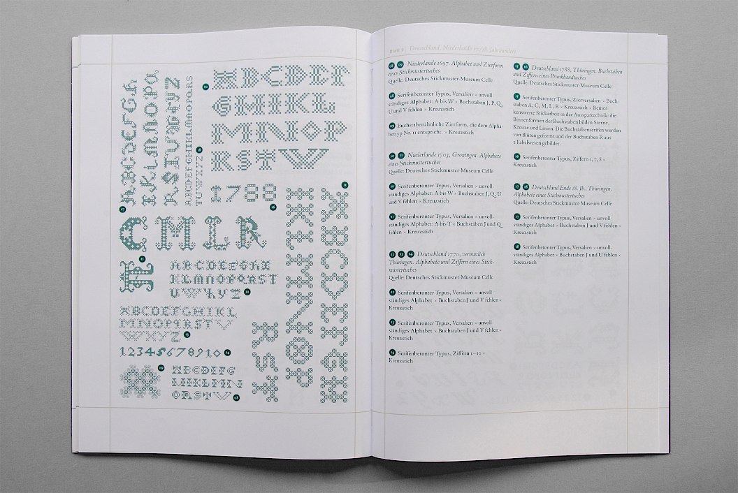 Letterlap | Janine Thaler | Buchgestaltung | Doppelseite der Begleitbroschüre | Legende der Stickmusterschriften | Design | Buchgestaltung | Sehsam | Leipzig | Designagentur | Markenagentur | Kreativagentur | Grafikdesign | Corporate Design | Corporate Identity | Markenstrategie | Markendesign | Markenanwendung | Gestaltung